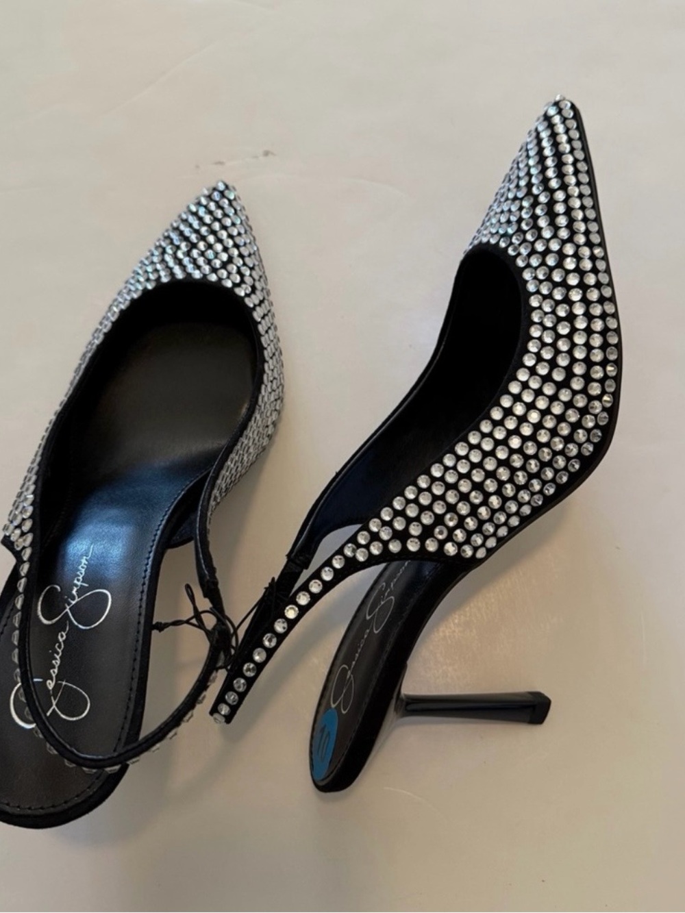Jessica Simpson Black and Silver Crystal-Embellished Pointed Slingback Heels
